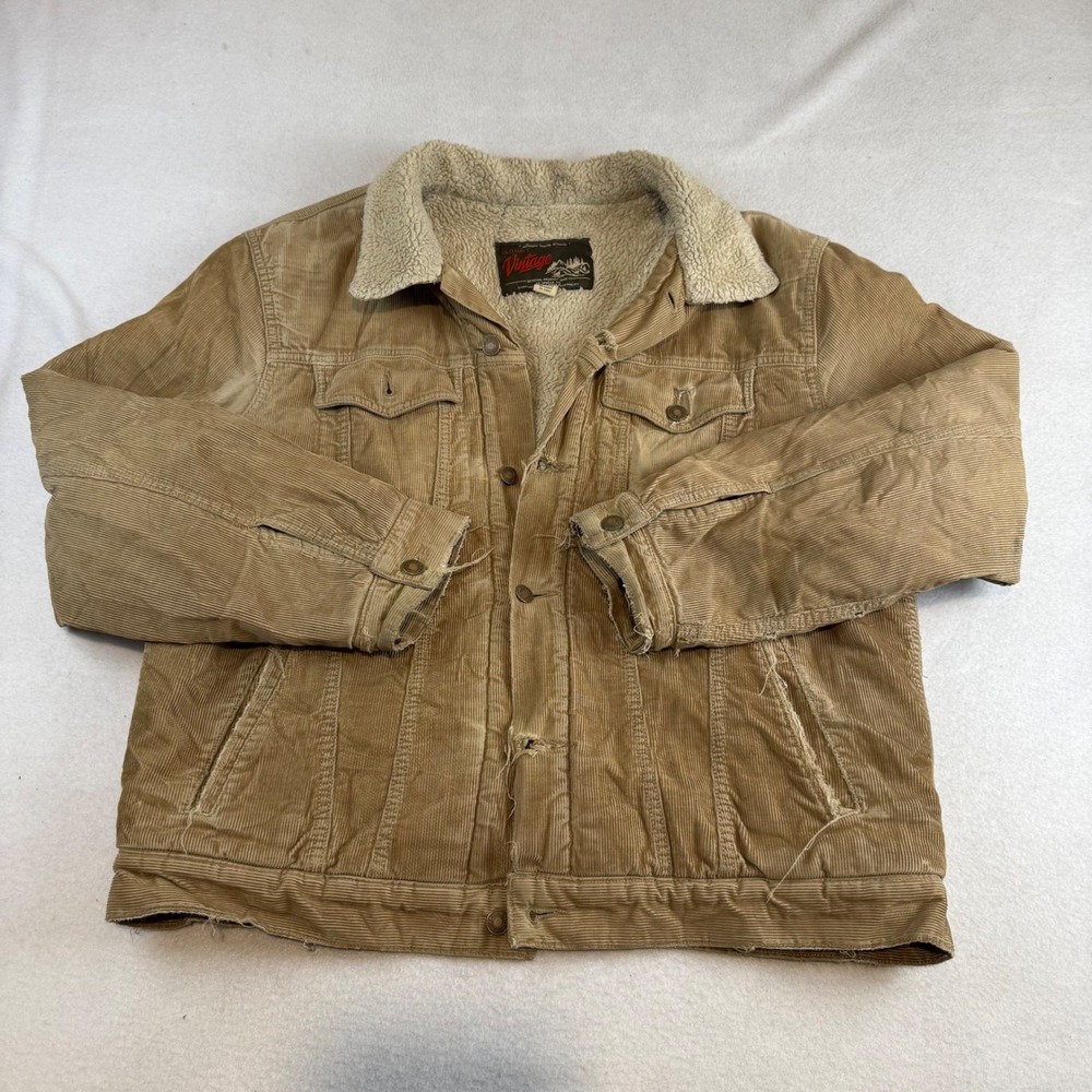 Old Navy Vintage Corduroy Sherpa Lined Trucker Jacket Tan Distressed Mens Large